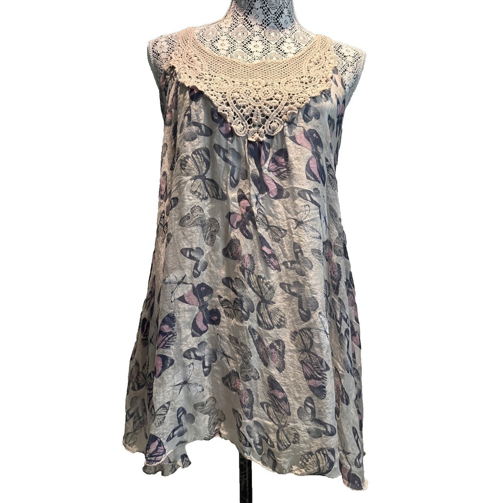 Elena Baldi 100 % silk butterfly large cream blouse crochet Peasant cream BOHO